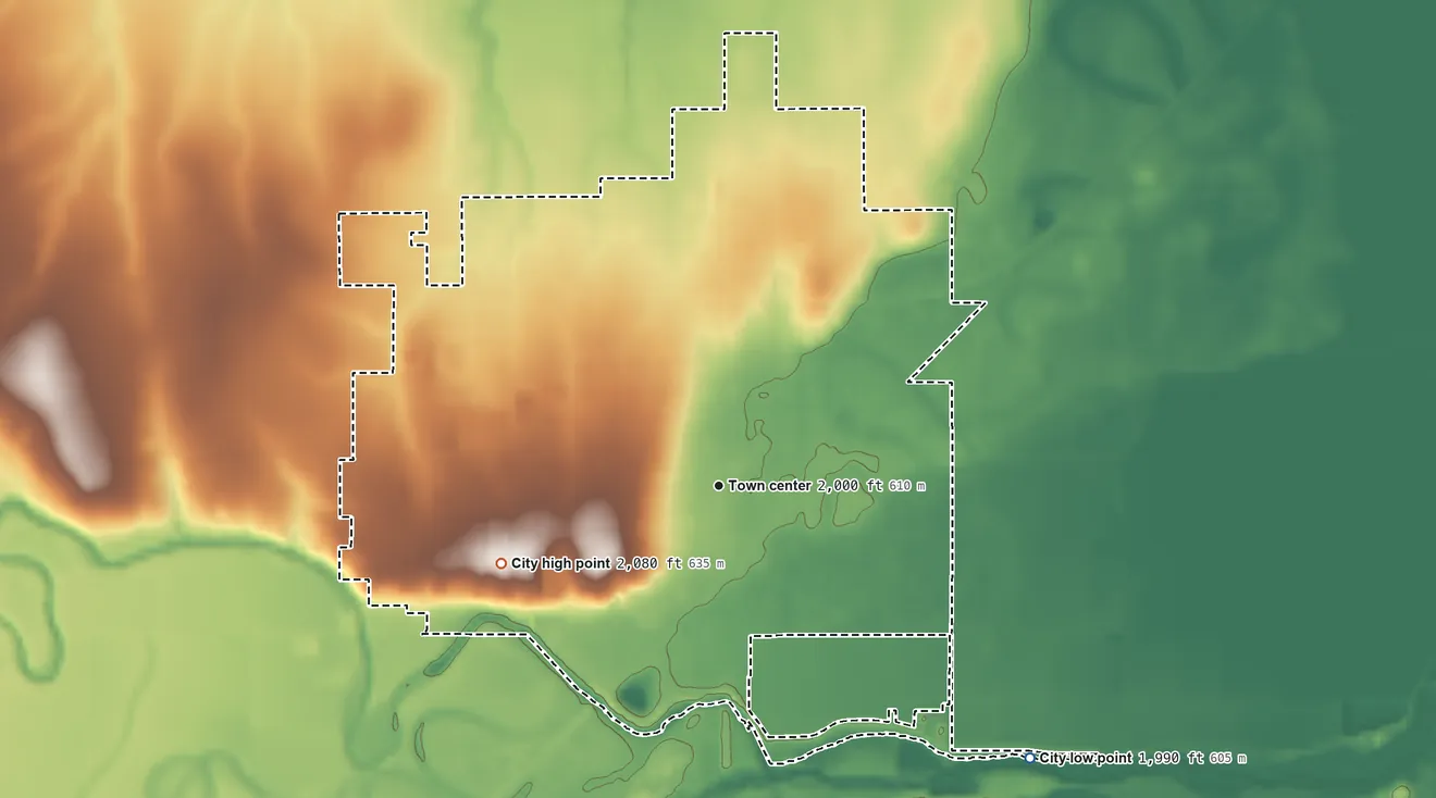 Topographic elevation map of Larned, Kansas, shaded from 1,990 ft on the southeast side to 2,080 ft on the west side