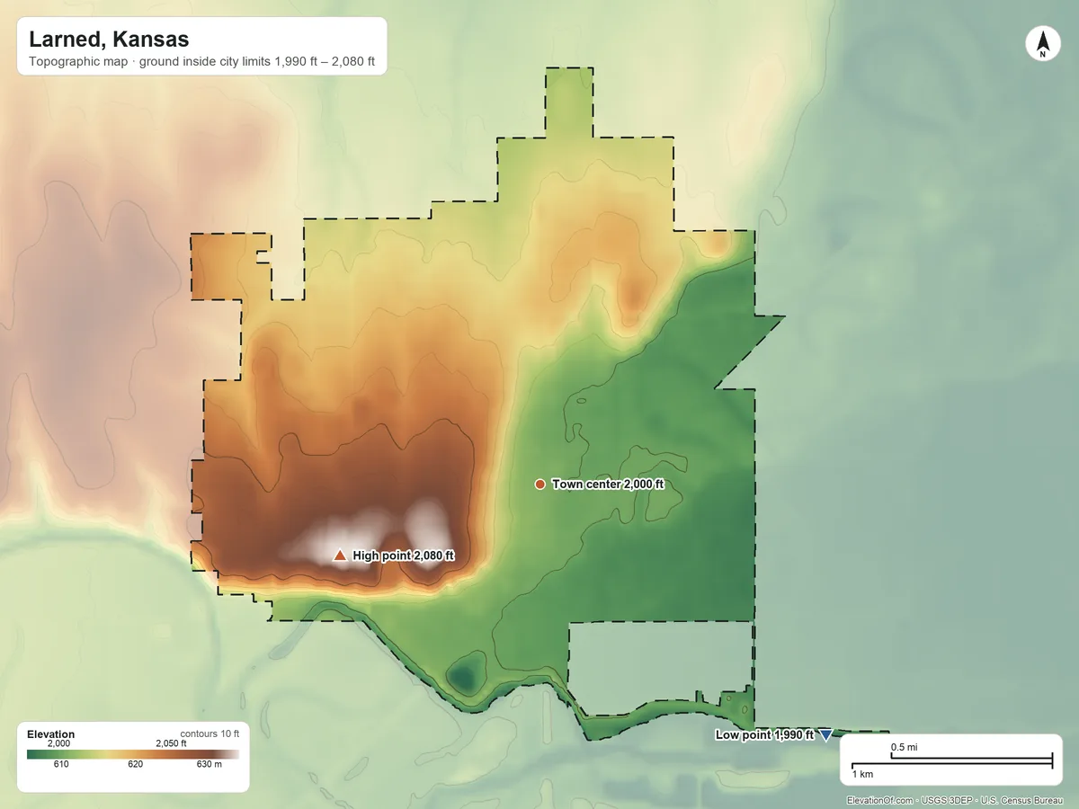 Topographic elevation map of Larned, Kansas, shaded from 1,990 ft on the southeast side to 2,080 ft on the west side