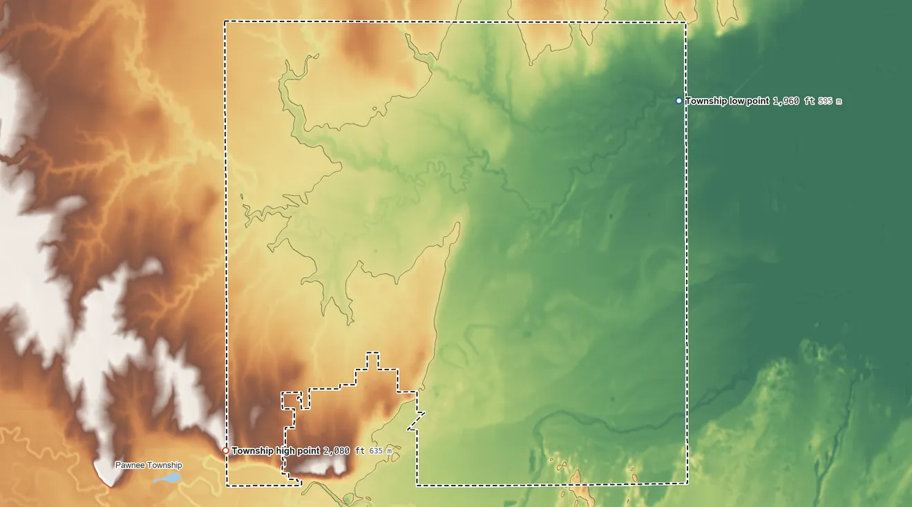 Topographic elevation map of Larned Township, Kansas, shaded from 1,960 ft on the northeast side to 2,080 ft on the southwest side