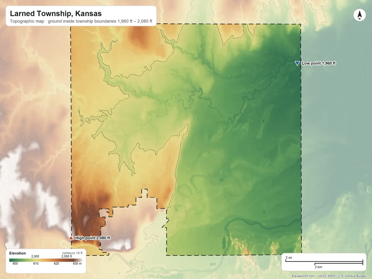 Topographic elevation map of Larned Township, Kansas, shaded from 1,960 ft on the northeast side to 2,080 ft on the southwest side