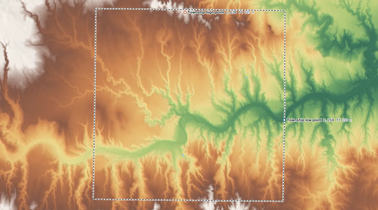 Topographic elevation map of Larrabee Township, Kansas, shaded from 2,260 ft on the east side to 2,630 ft on the north side