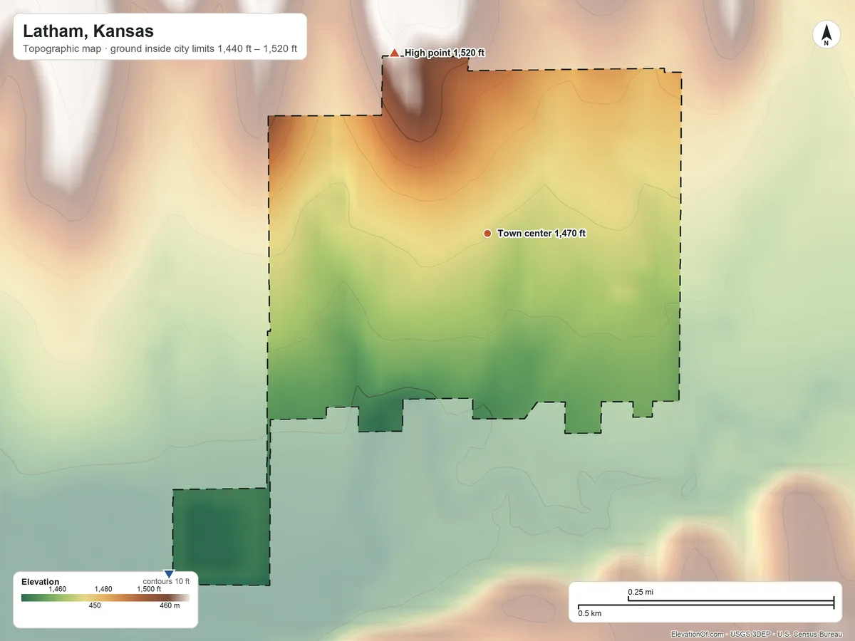 Topographic elevation map of Latham, Kansas, shaded from 1,440 ft on the southwest side to 1,520 ft on the northwest side
