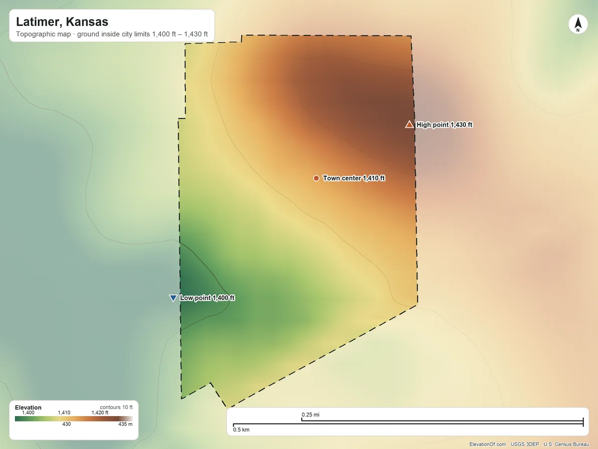 Topographic elevation map of Latimer, Kansas, shaded from 1,400 ft on the southwest side to 1,430 ft on the northeast side