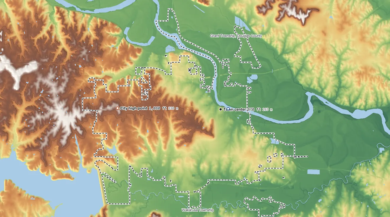 Topographic elevation map of Lawrence, Kansas, shaded from 790 ft near the middle to 1,080 ft on the west side