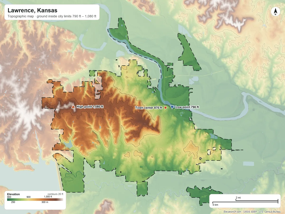 Topographic elevation map of Lawrence, Kansas, shaded from 790 ft near the middle to 1,080 ft on the west side