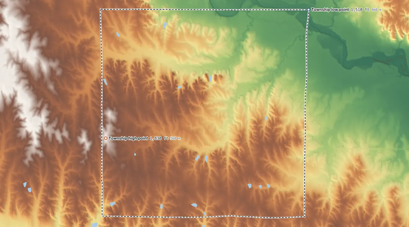 Topographic elevation map of Lawrence Township, Osborne County, Kansas, shaded from 1,510 ft on the northeast side to 1,830 ft on the southwest side