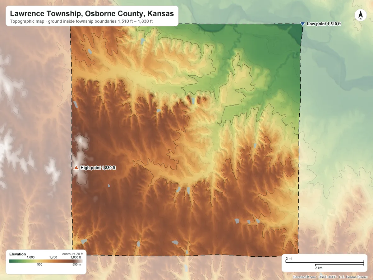 Topographic elevation map of Lawrence Township, Osborne County, Kansas, shaded from 1,510 ft on the northeast side to 1,830 ft on the southwest side