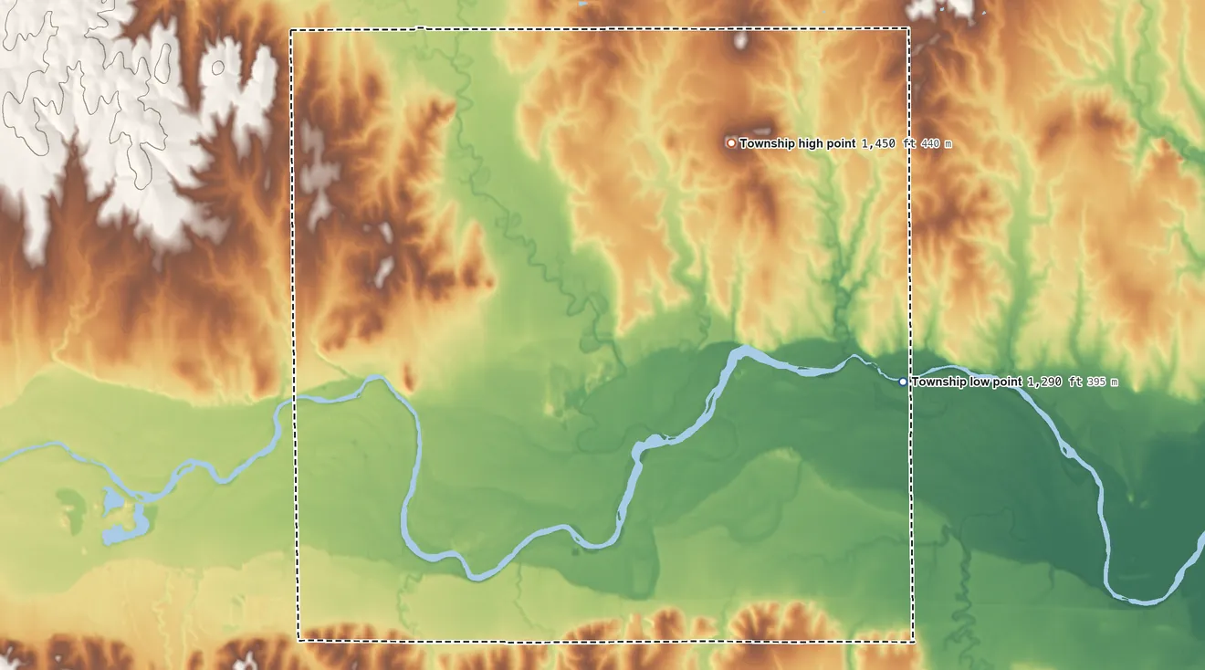 Topographic elevation map of Lawrence Township, Kansas, shaded from 1,290 ft on the northeast side to 1,450 ft on the north side