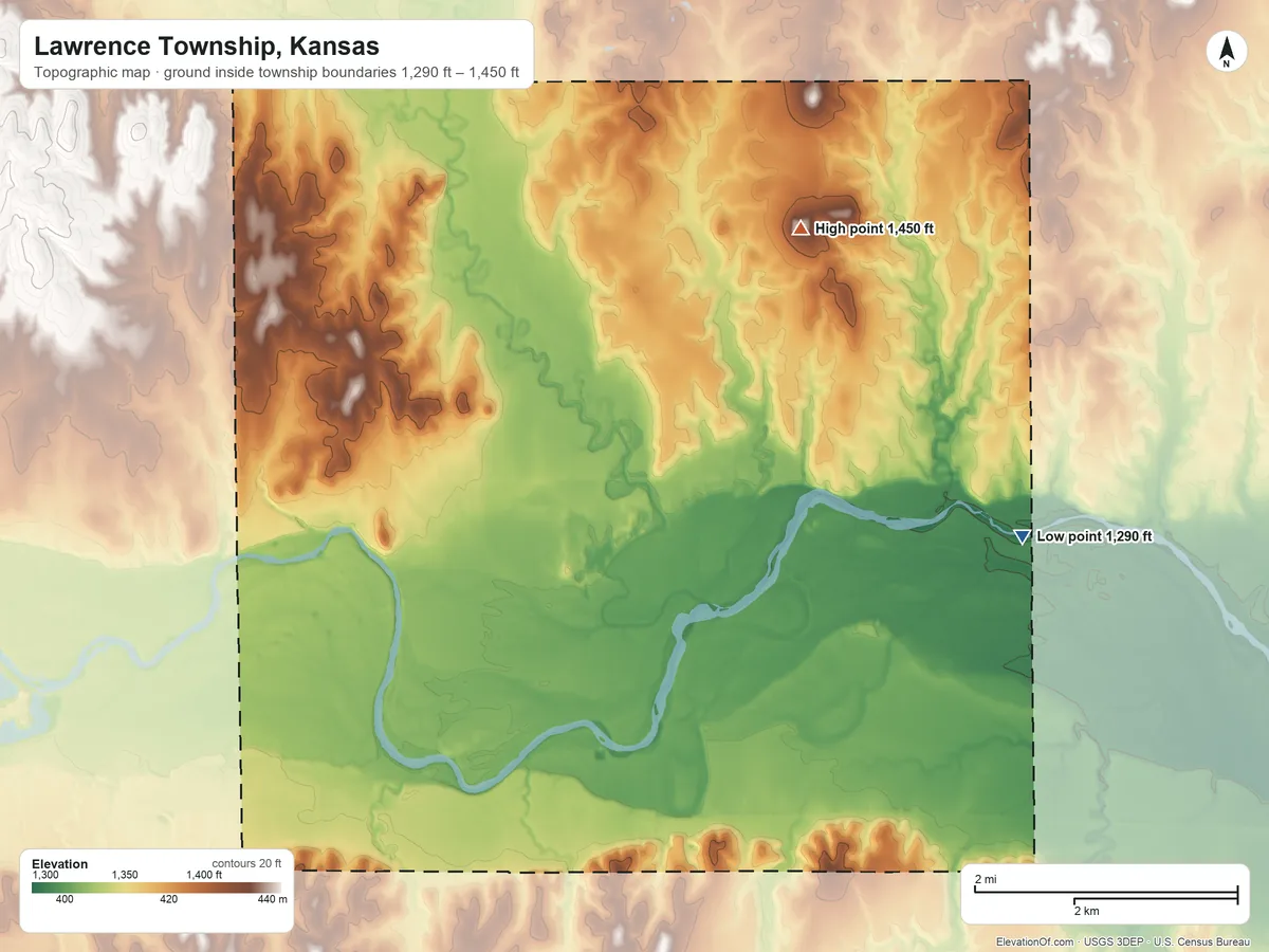Topographic elevation map of Lawrence Township, Kansas, shaded from 1,290 ft on the northeast side to 1,450 ft on the north side