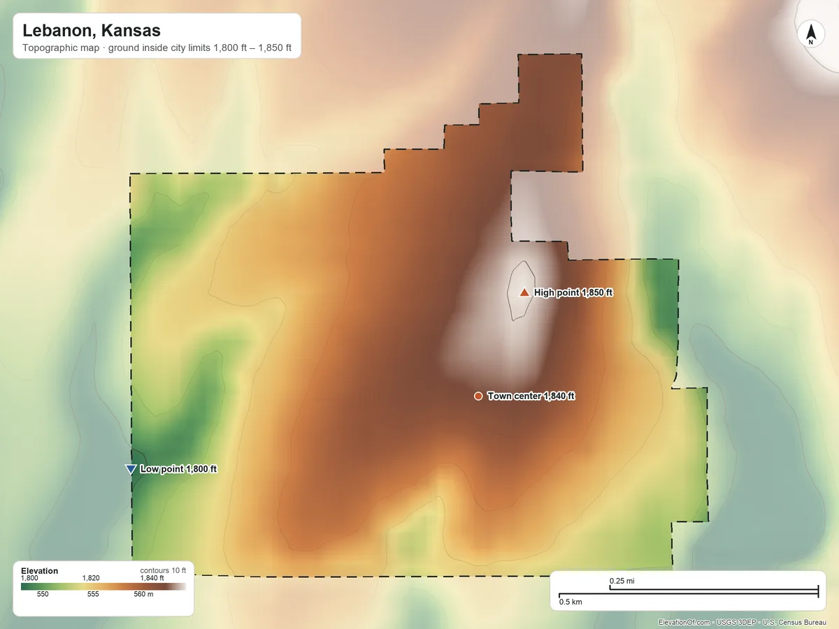 Topographic elevation map of Lebanon, Kansas, shaded from 1,800 ft on the west side to 1,850 ft on the northeast side