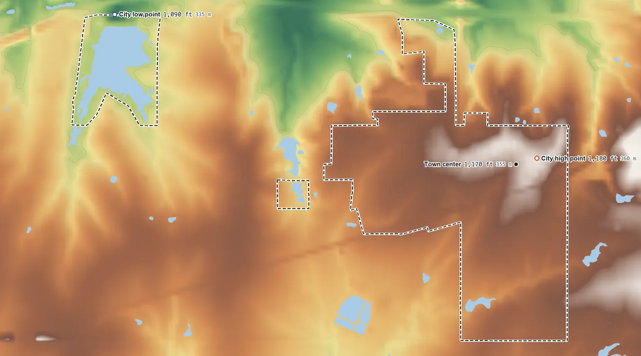Topographic elevation map of Lebo, Kansas, shaded from 1,090 ft on the west side to 1,180 ft near the middle