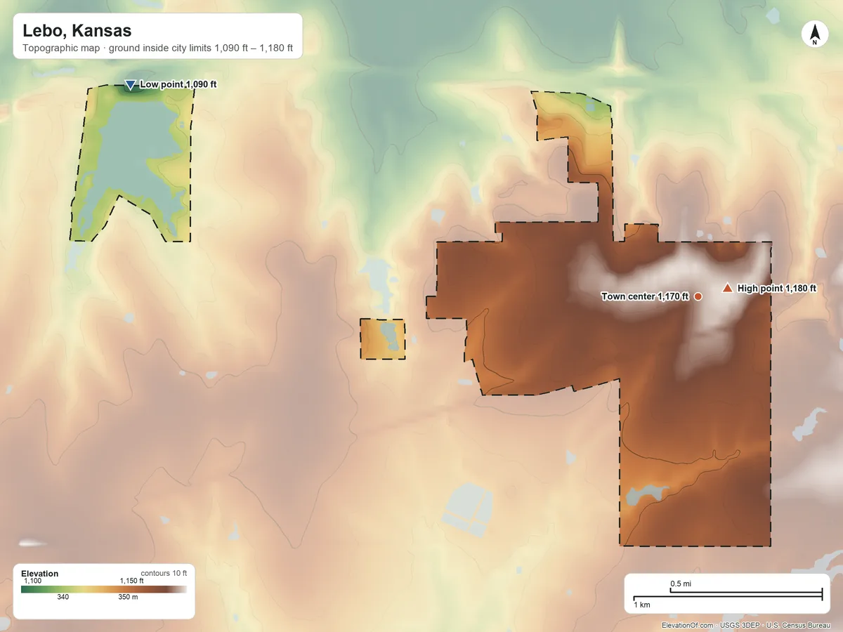 Topographic elevation map of Lebo, Kansas, shaded from 1,090 ft on the west side to 1,180 ft near the middle