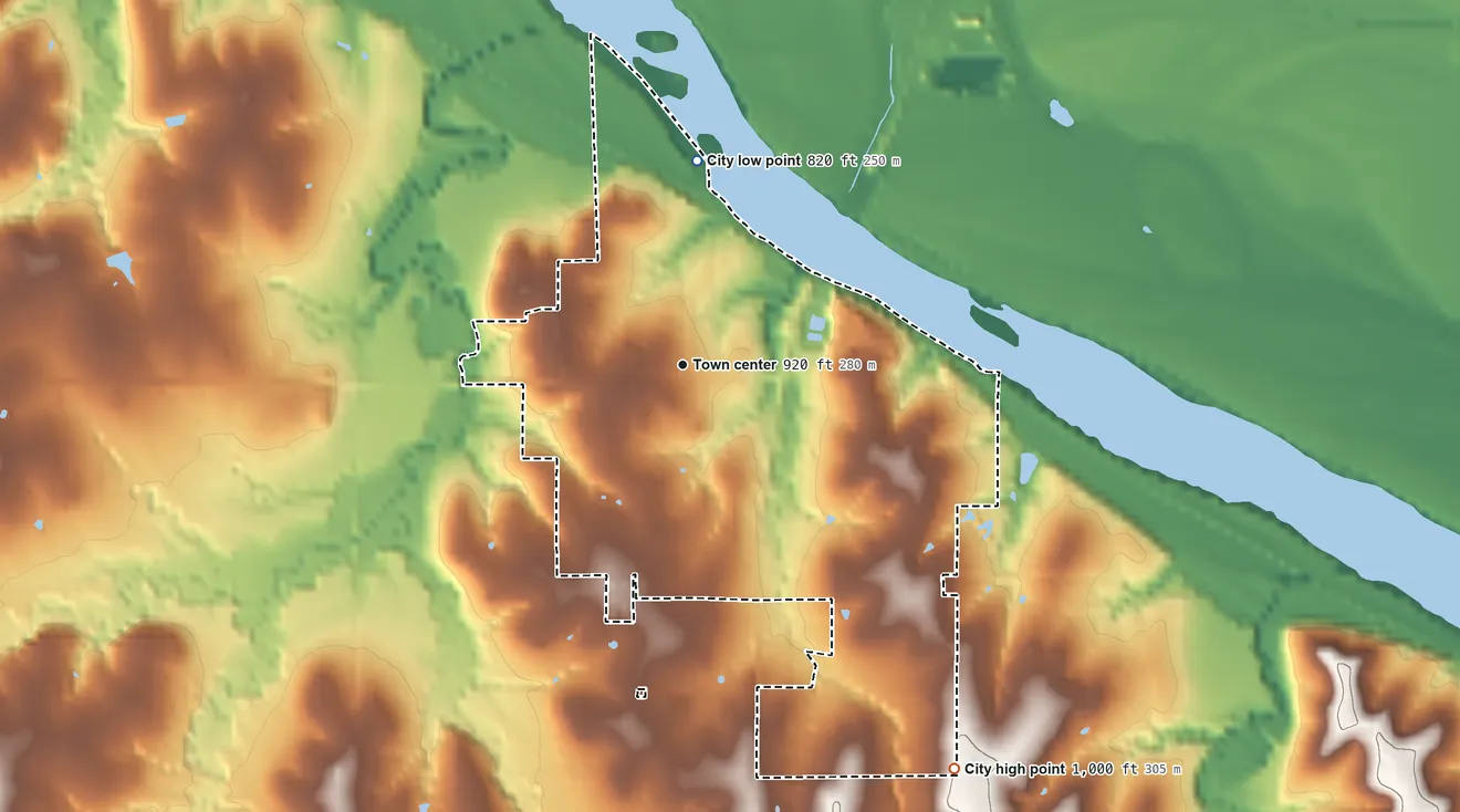 Topographic elevation map of Lecompton, Kansas, shaded from 820 ft on the north side to 1,000 ft on the southeast side