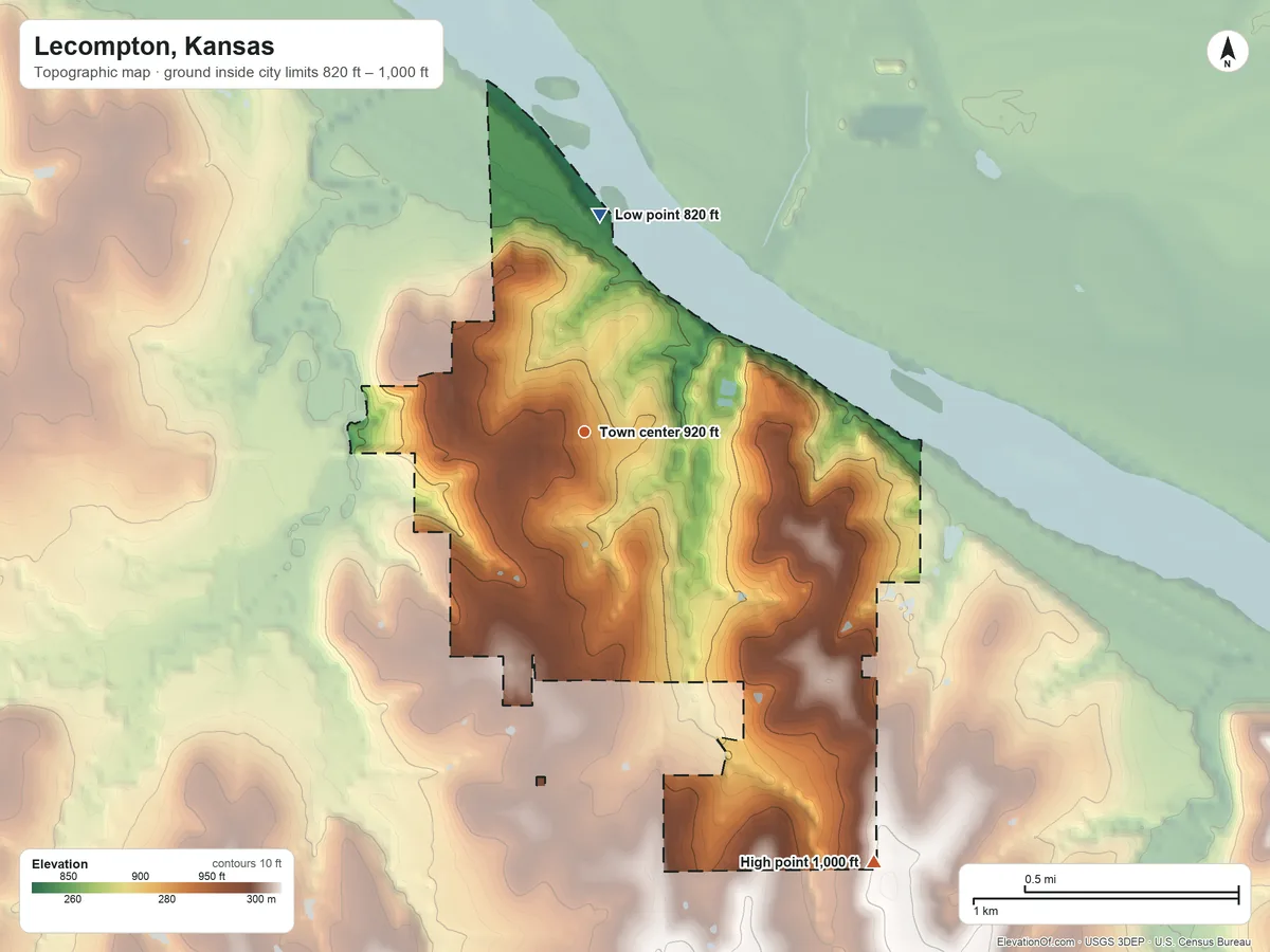 Topographic elevation map of Lecompton, Kansas, shaded from 820 ft on the north side to 1,000 ft on the southeast side