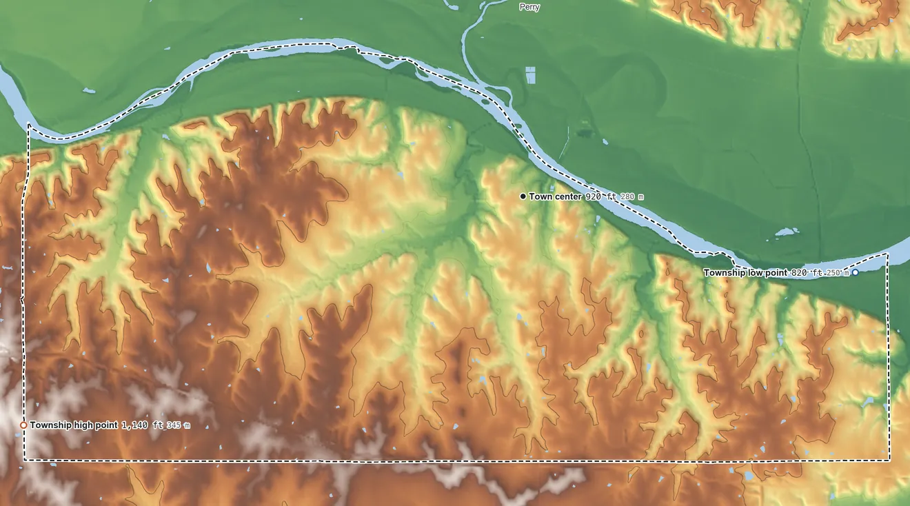 Topographic elevation map of Lecompton Township, Kansas, shaded from 820 ft on the east side to 1,140 ft on the southwest side