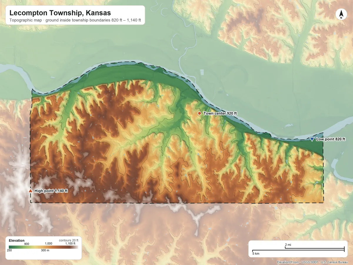 Topographic elevation map of Lecompton Township, Kansas, shaded from 820 ft on the east side to 1,140 ft on the southwest side