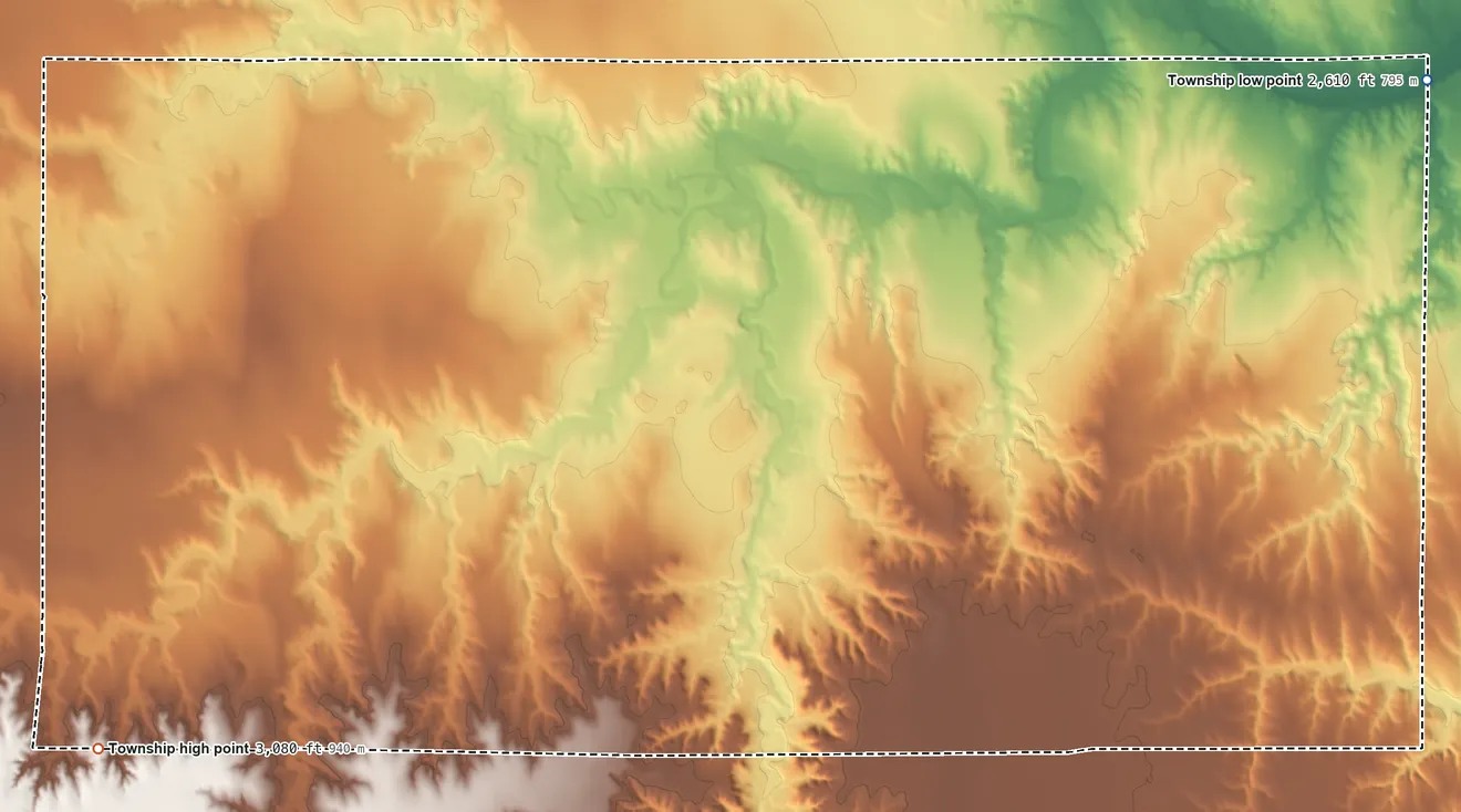 Topographic elevation map of Lees Township, Kansas, shaded from 2,610 ft on the northeast side to 3,080 ft on the southwest side