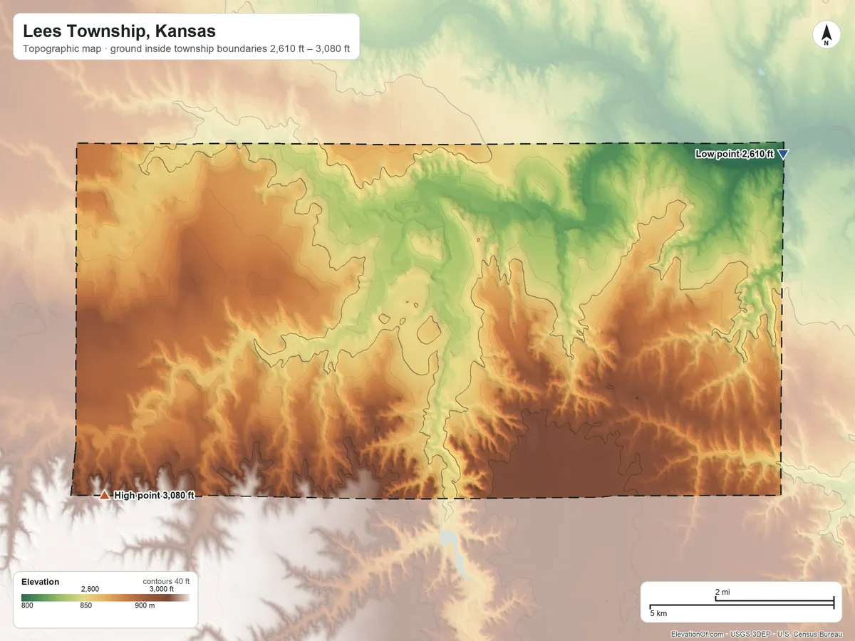 Topographic elevation map of Lees Township, Kansas, shaded from 2,610 ft on the northeast side to 3,080 ft on the southwest side