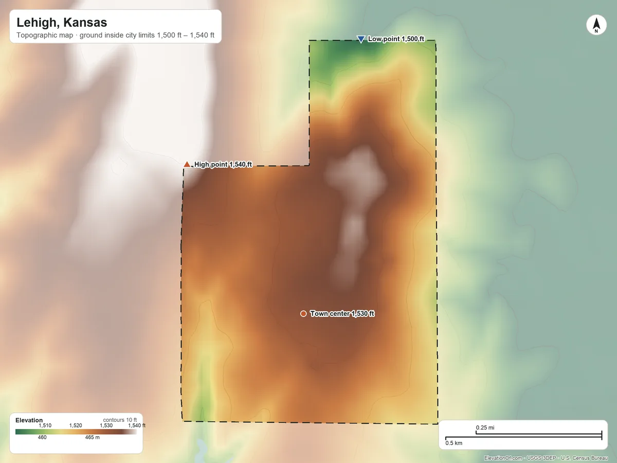 Topographic elevation map of Lehigh, Kansas, shaded from 1,500 ft on the north side to 1,540 ft on the northwest side