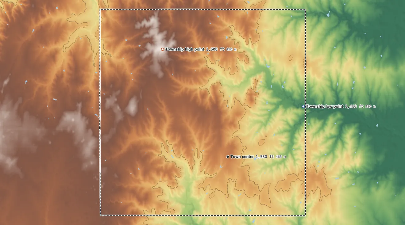 Topographic elevation map of Lehigh Township, Kansas, shaded from 1,410 ft on the northeast side to 1,600 ft on the northwest side