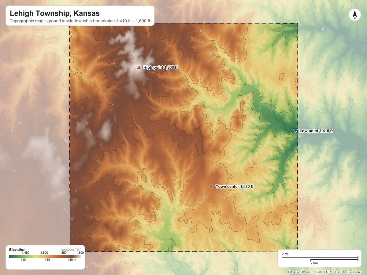 Topographic elevation map of Lehigh Township, Kansas, shaded from 1,410 ft on the northeast side to 1,600 ft on the northwest side