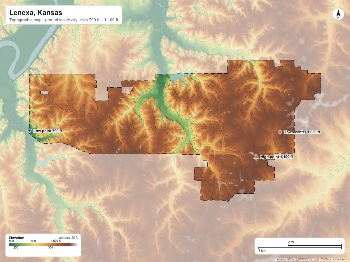 Topographic elevation map of Lenexa, Kansas, shaded from 790 ft on the west side to 1,100 ft on the southwest side