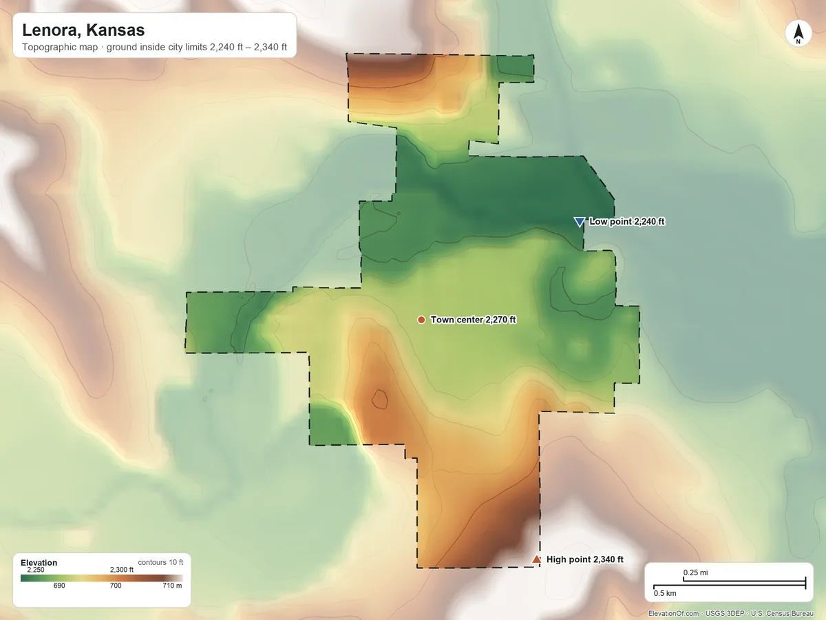 Topographic elevation map of Lenora, Kansas, shaded from 2,240 ft on the northeast side to 2,340 ft on the southeast side