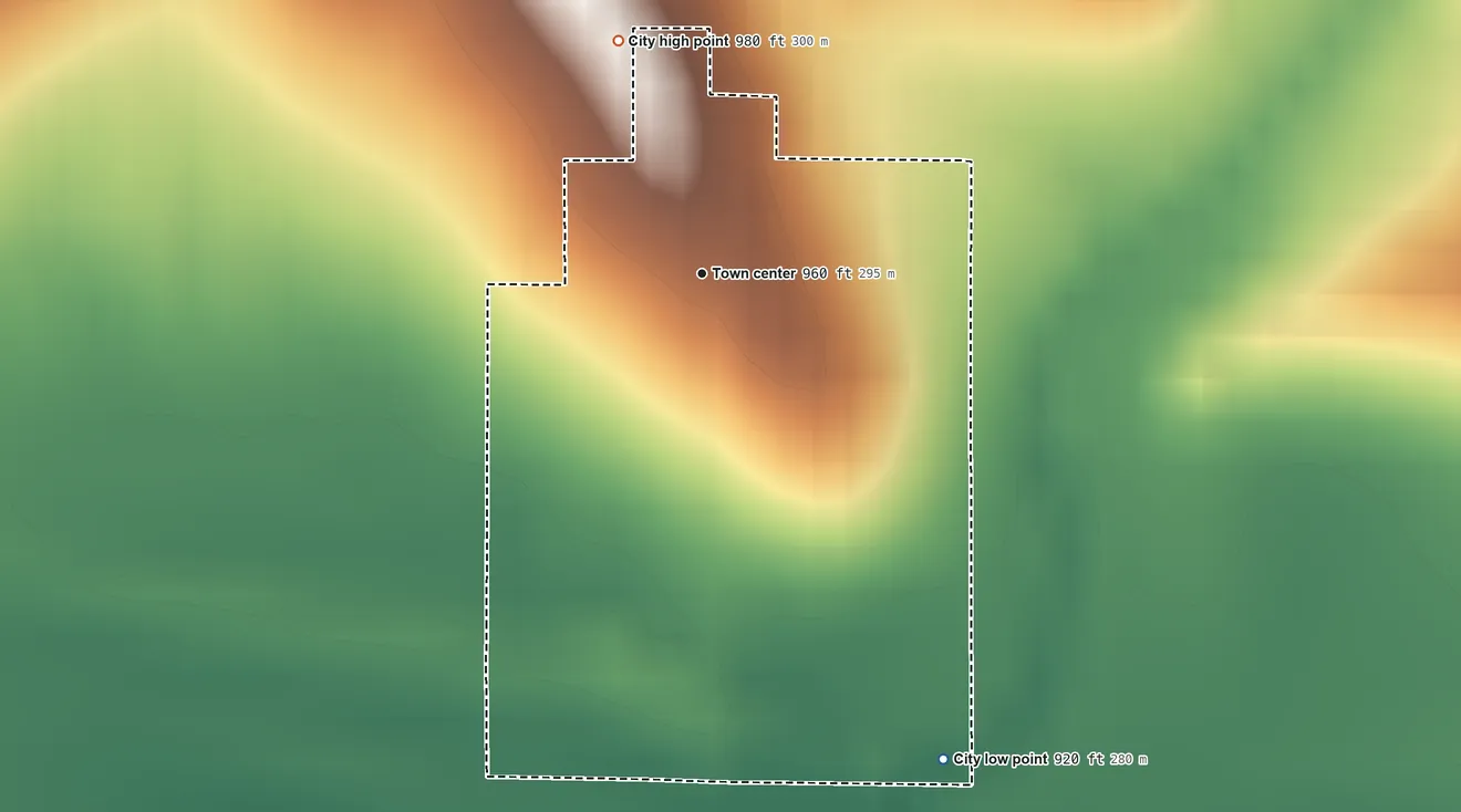 Topographic elevation map of Leona, Kansas, shaded from 920 ft on the southeast side to 980 ft on the north side