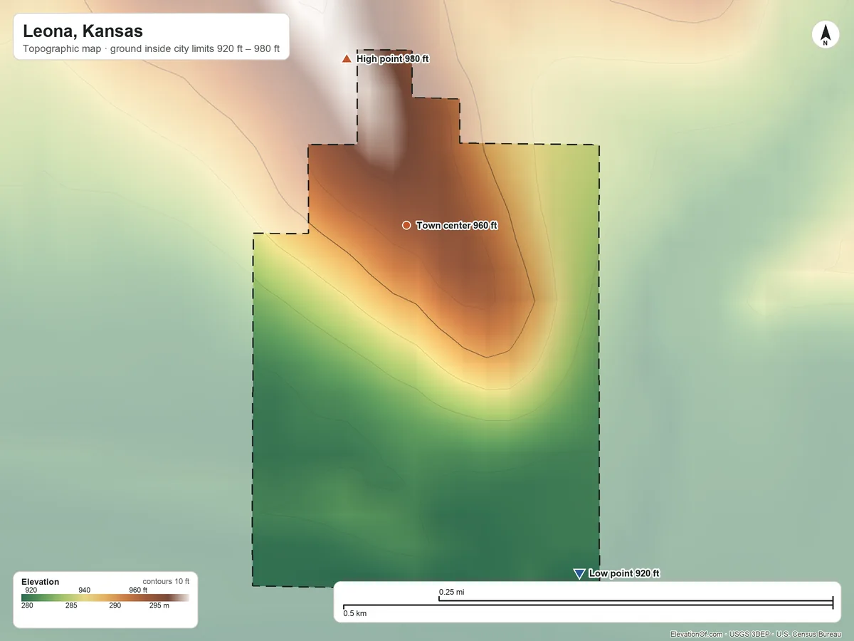 Topographic elevation map of Leona, Kansas, shaded from 920 ft on the southeast side to 980 ft on the north side