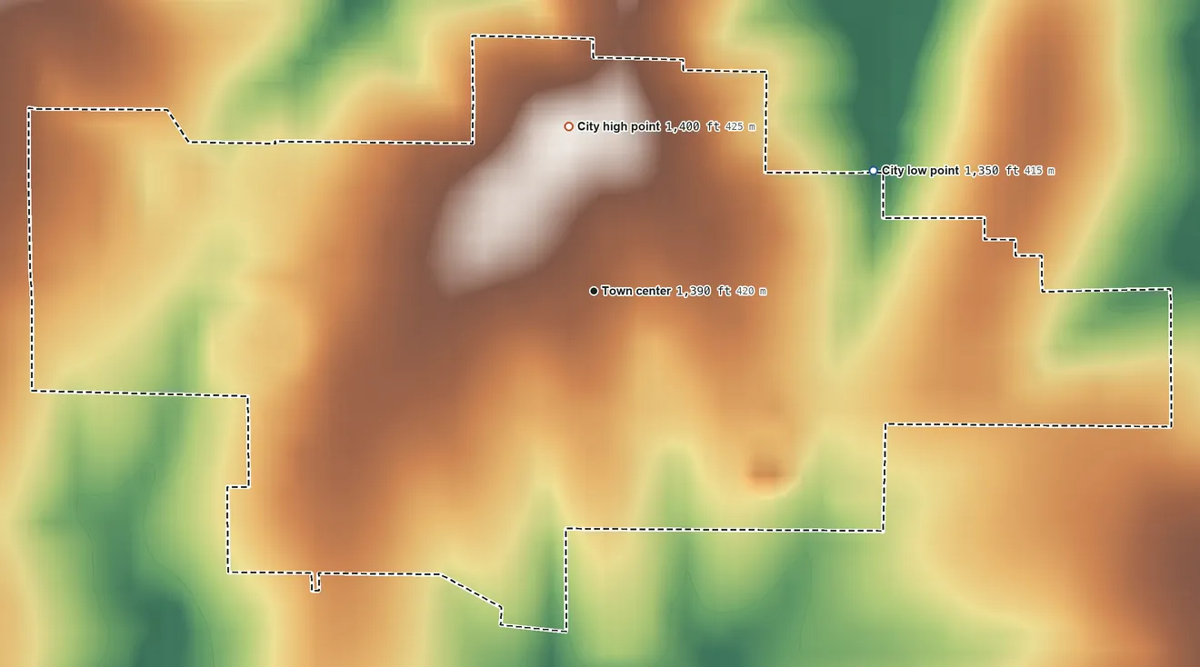 Topographic elevation map of Leonardville, Kansas, shaded from 1,350 ft on the northeast side to 1,400 ft on the north side