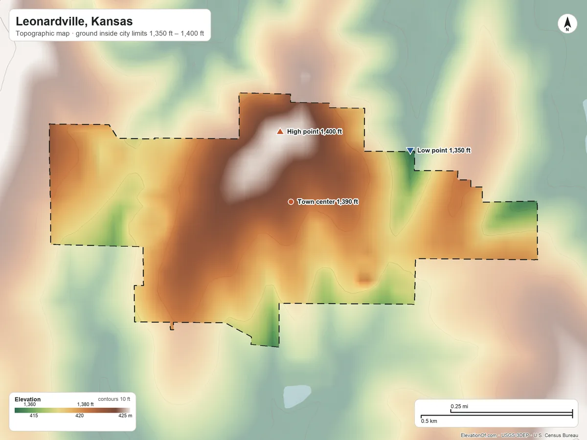 Topographic elevation map of Leonardville, Kansas, shaded from 1,350 ft on the northeast side to 1,400 ft on the north side