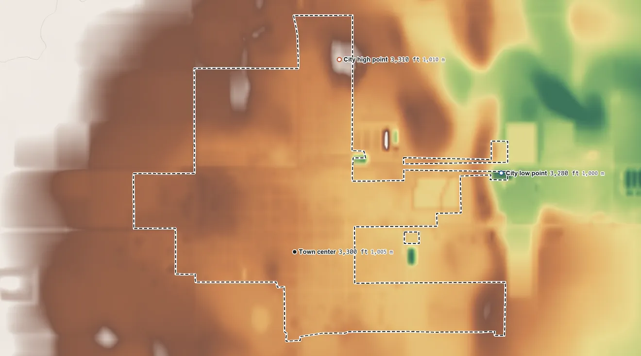 Topographic elevation map of Leoti, Kansas, shaded from 3,280 ft on the east side to 3,310 ft on the north side