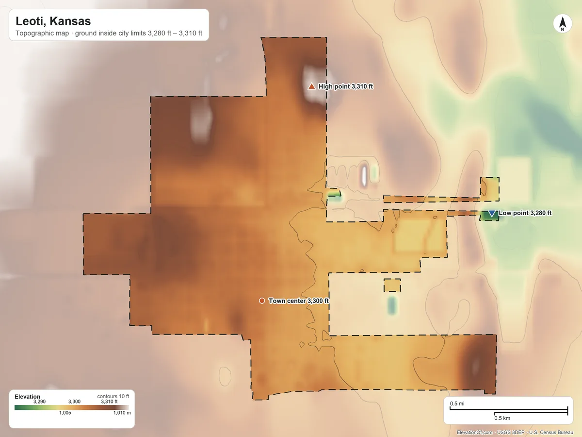 Topographic elevation map of Leoti, Kansas, shaded from 3,280 ft on the east side to 3,310 ft on the north side