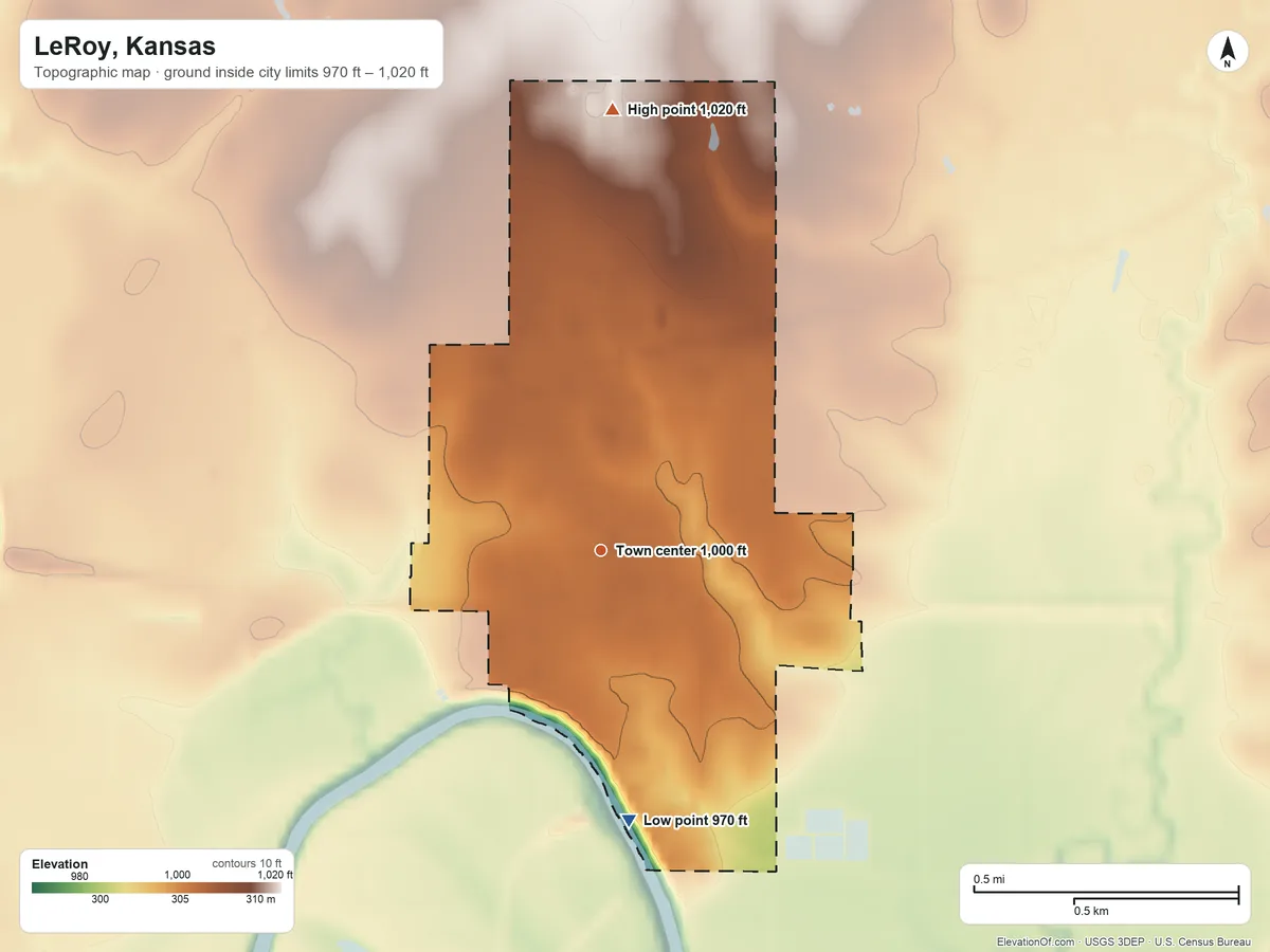 Topographic elevation map of LeRoy, Kansas, shaded from 970 ft on the south side to 1,020 ft on the north side