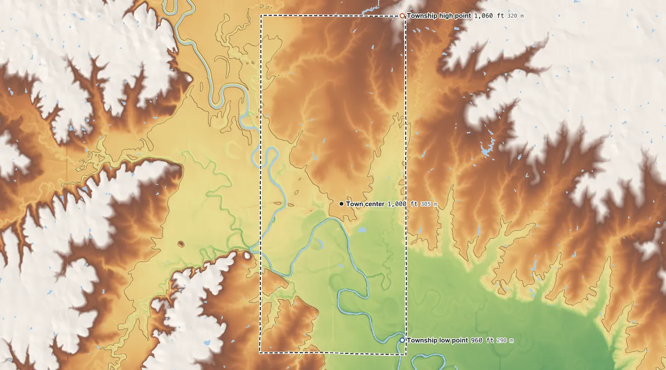 Topographic elevation map of LeRoy Township, Kansas, shaded from 960 ft on the southeast side to 1,060 ft on the north side