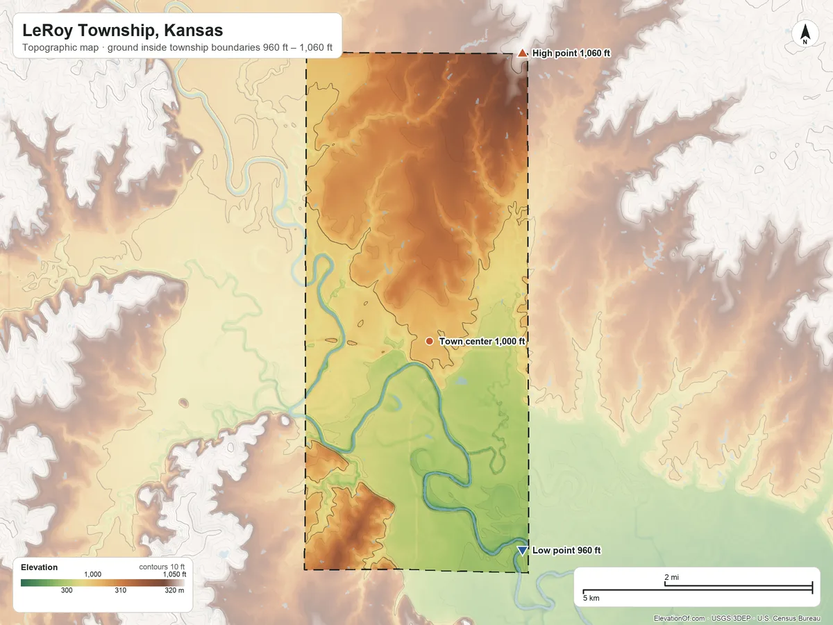 Topographic elevation map of LeRoy Township, Kansas, shaded from 960 ft on the southeast side to 1,060 ft on the north side