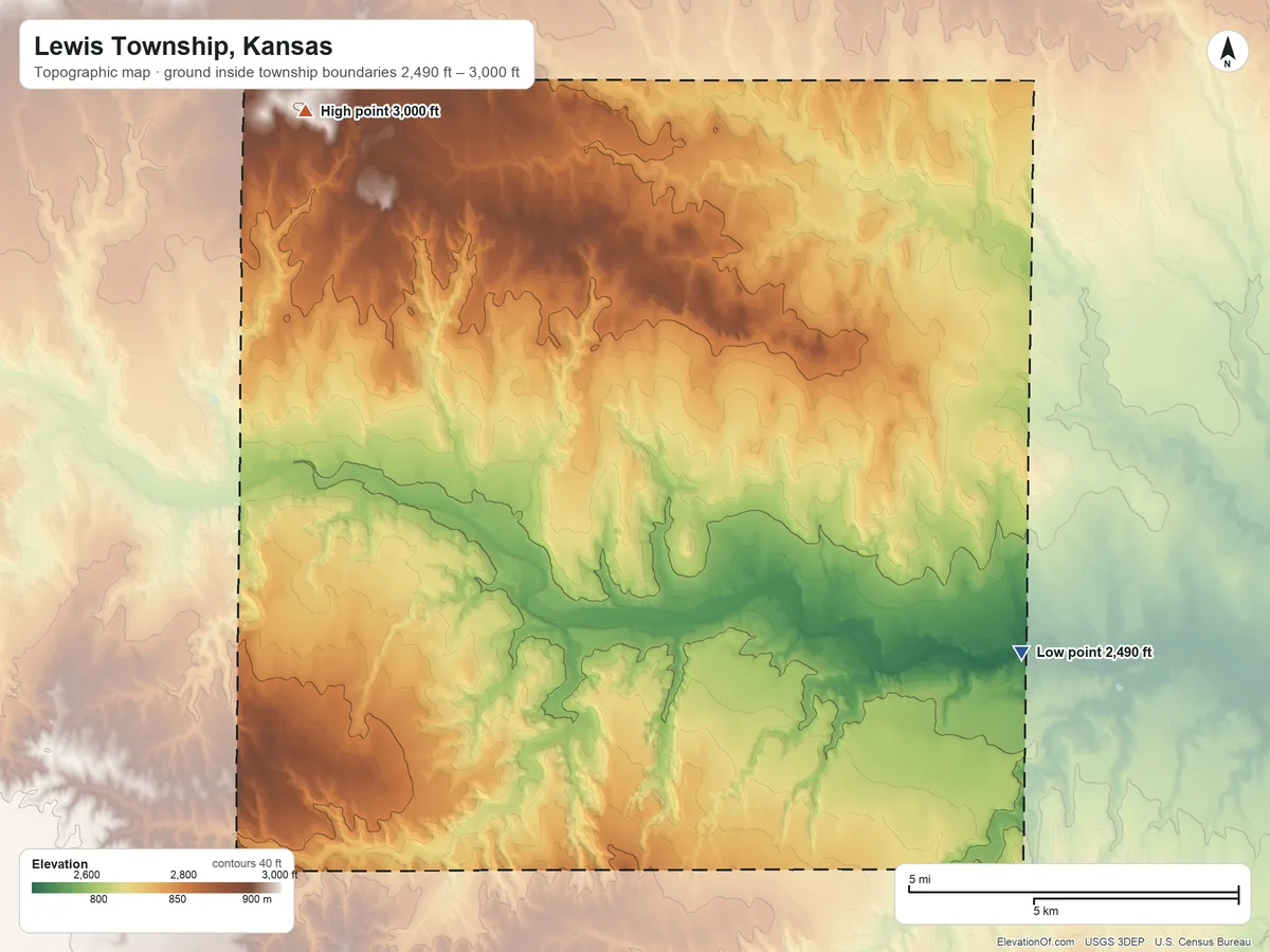 Topographic elevation map of Lewis Township, Kansas, shaded from 2,490 ft on the south side to 3,000 ft on the west side