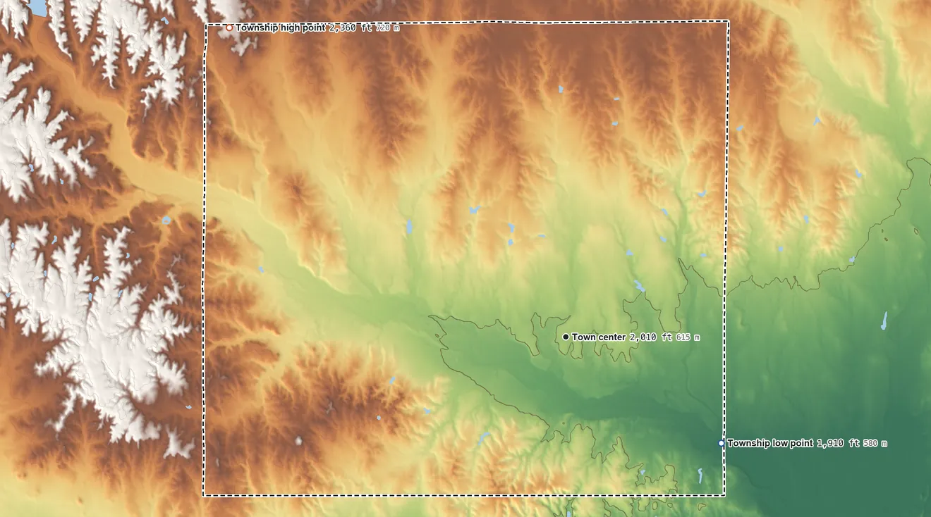 Topographic elevation map of Lexington Township, Clark County, Kansas, shaded from 1,910 ft on the southeast side to 2,360 ft on the northwest side