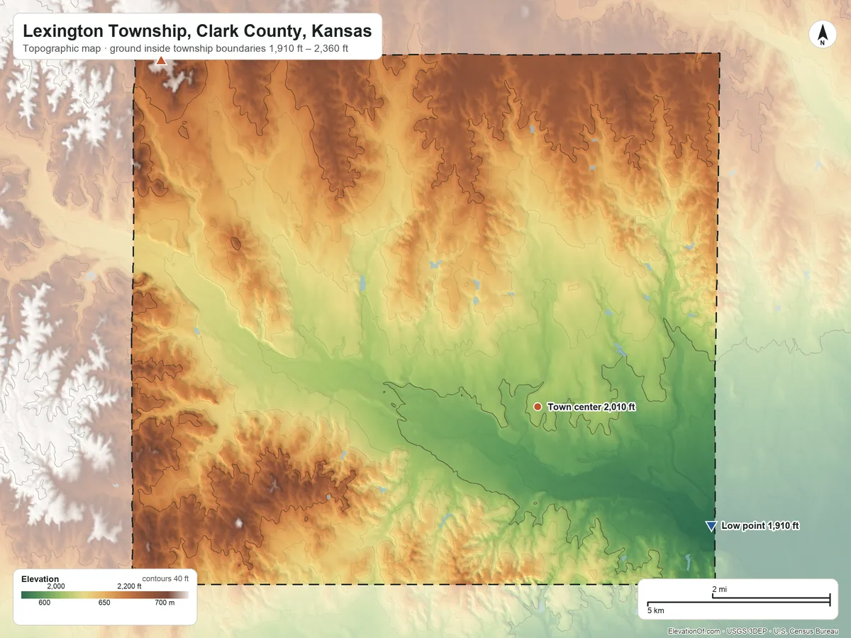 Topographic elevation map of Lexington Township, Clark County, Kansas, shaded from 1,910 ft on the southeast side to 2,360 ft on the northwest side