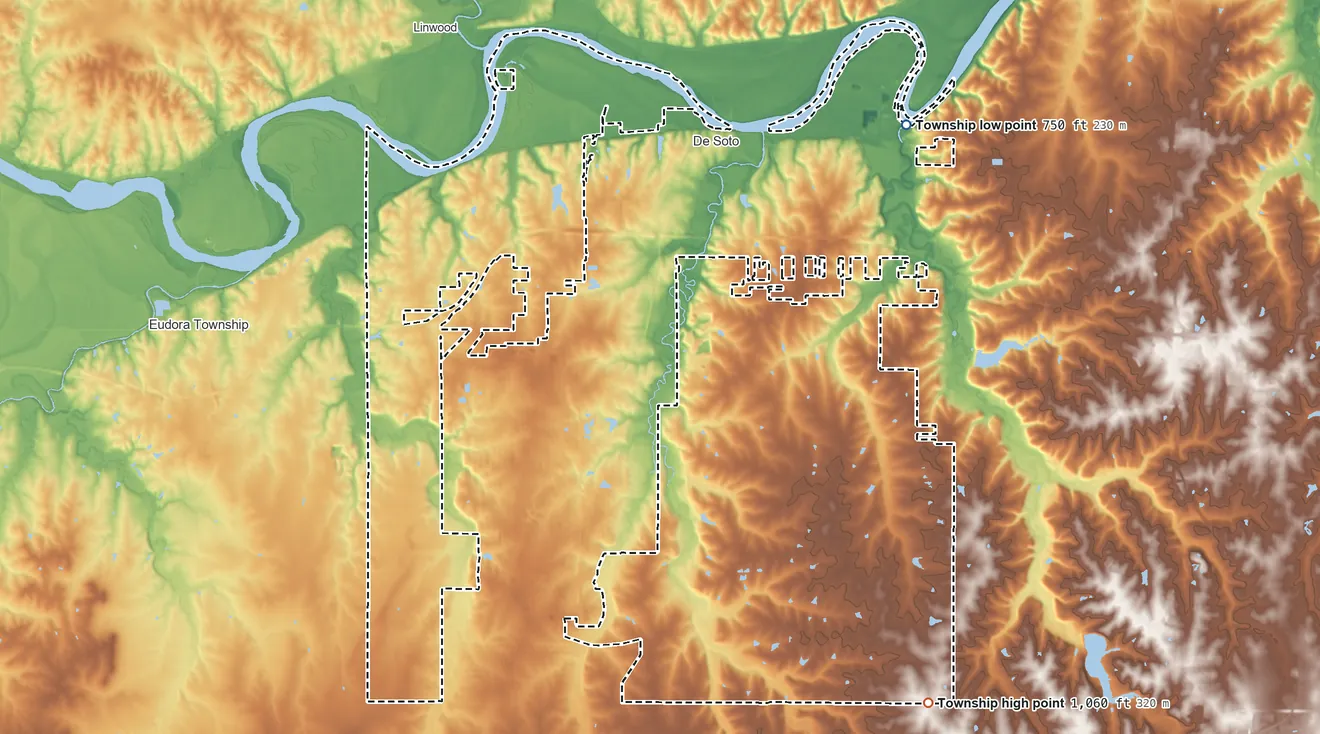 Topographic elevation map of Lexington Township, Kansas, shaded from 750 ft on the north side to 1,060 ft on the southeast side