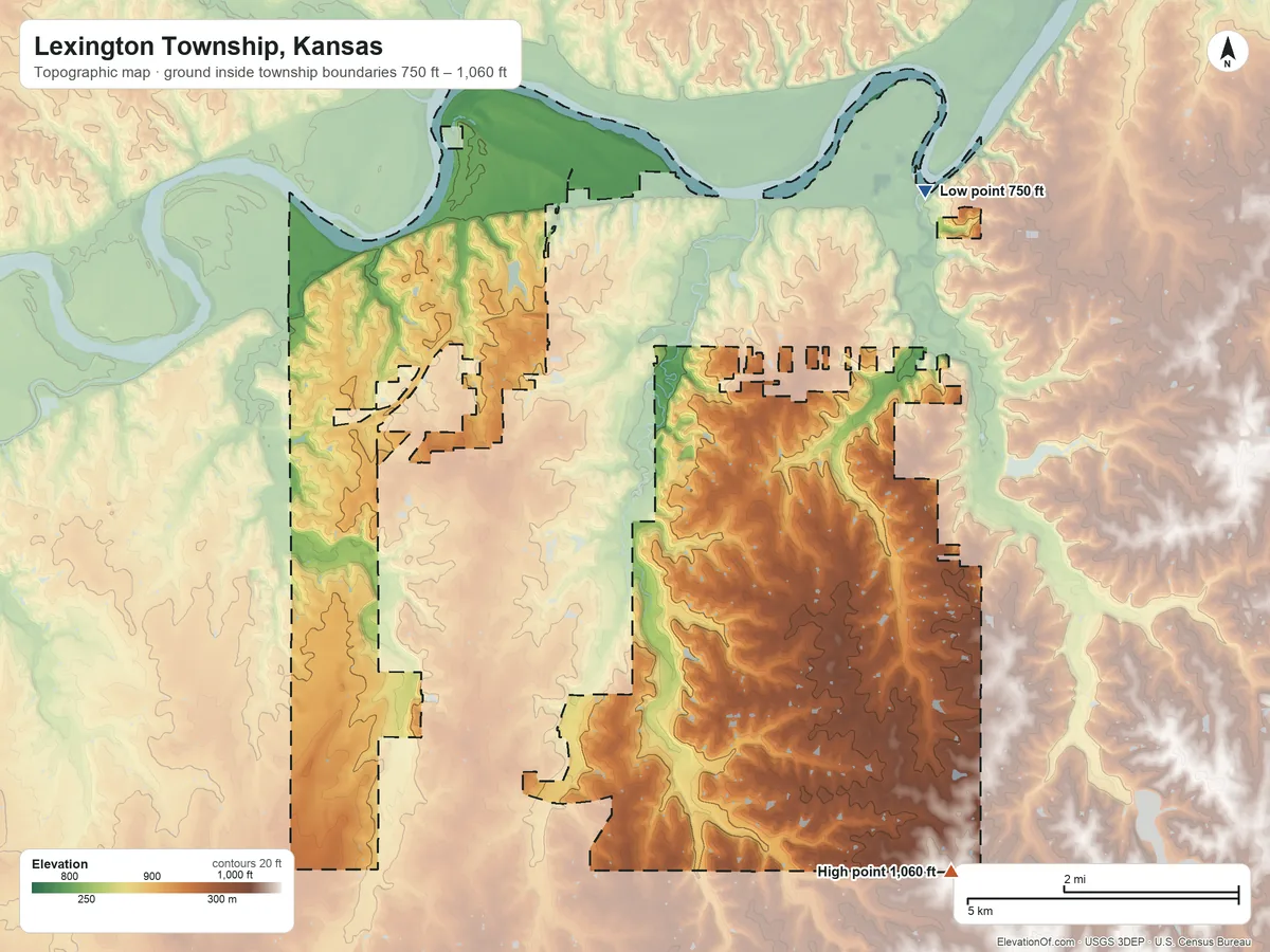 Topographic elevation map of Lexington Township, Kansas, shaded from 750 ft on the north side to 1,060 ft on the southeast side