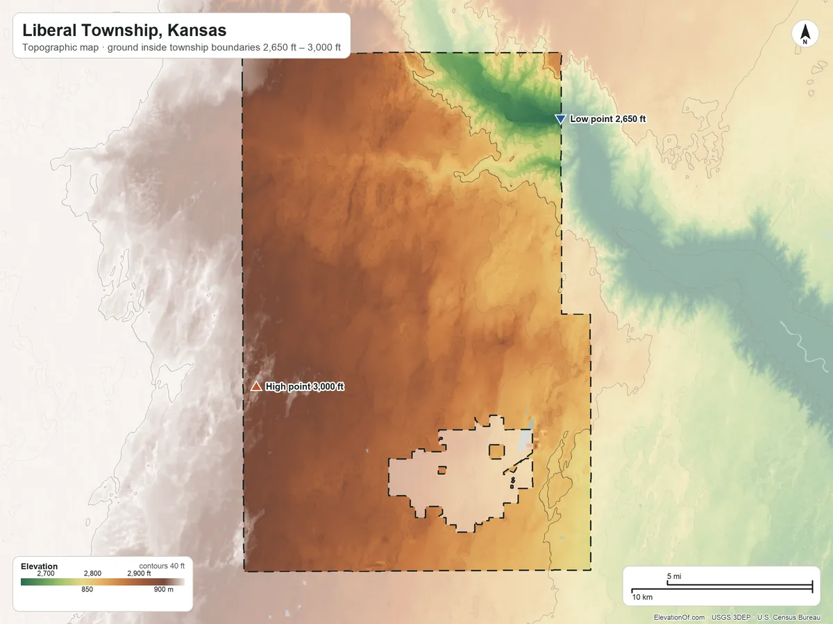 Topographic elevation map of Liberal Township, Kansas, shaded from 2,650 ft on the northeast side to 3,000 ft on the west side