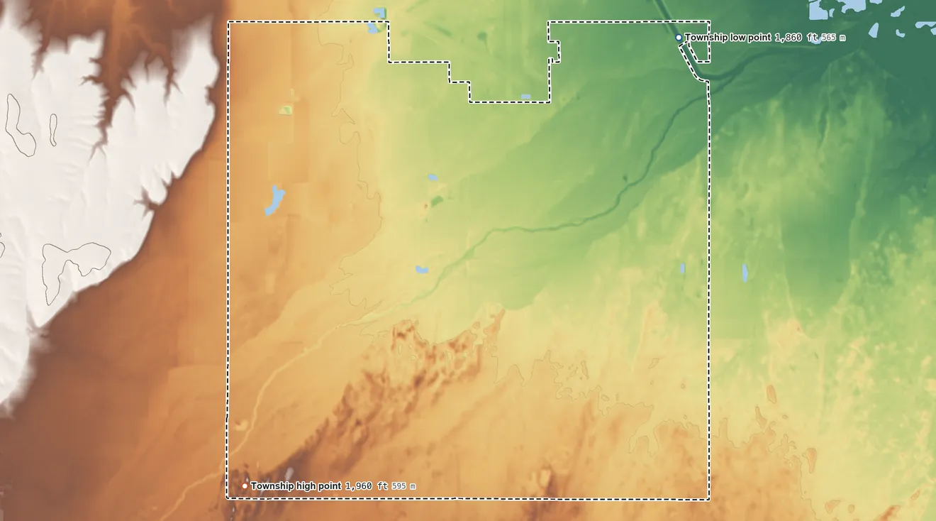 Topographic elevation map of Liberty Township, Barton County, Kansas, shaded from 1,860 ft on the northeast side to 1,960 ft on the southwest side