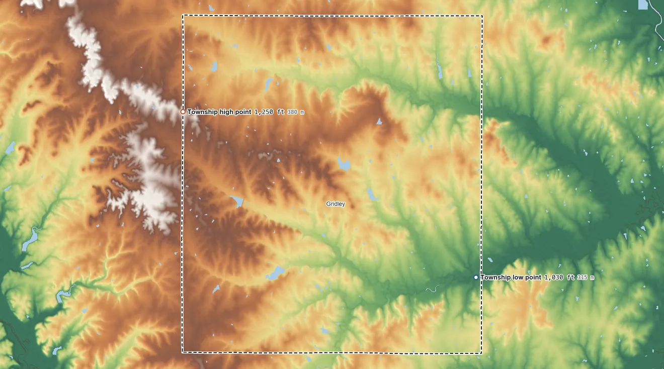 Topographic elevation map of Liberty Township, Coffey County, Kansas, shaded from 1,030 ft on the southeast side to 1,250 ft on the northwest side