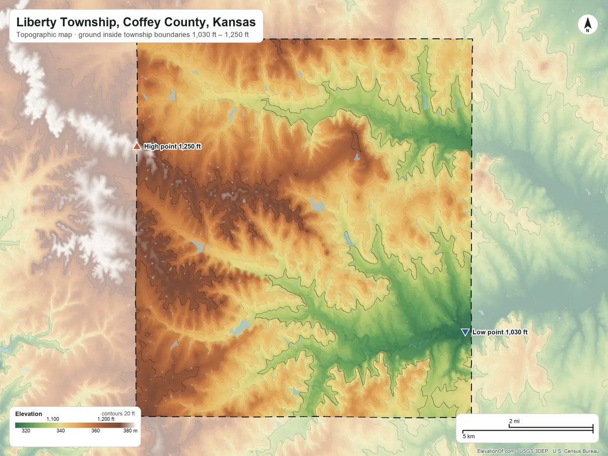 Topographic elevation map of Liberty Township, Coffey County, Kansas, shaded from 1,030 ft on the southeast side to 1,250 ft on the northwest side