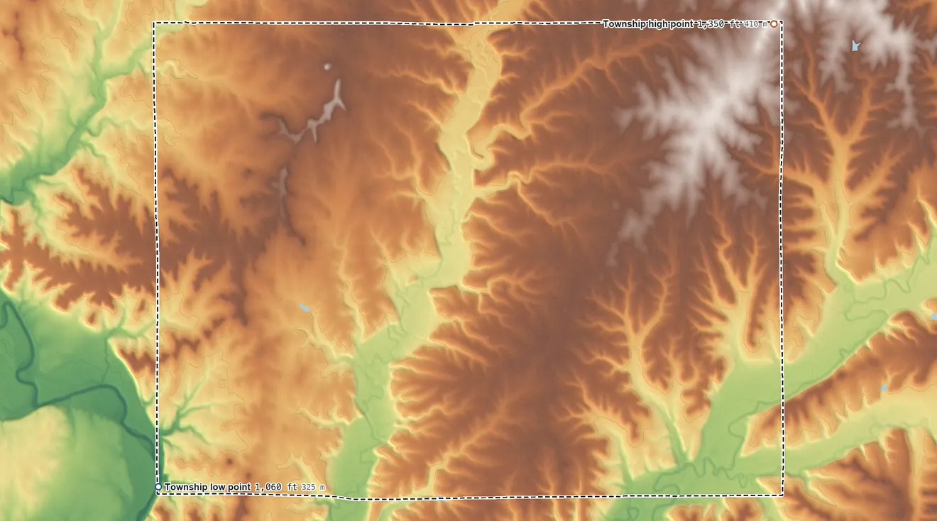 Topographic elevation map of Liberty Township, Cowley County, Kansas, shaded from 1,060 ft on the southwest side to 1,350 ft on the northeast side