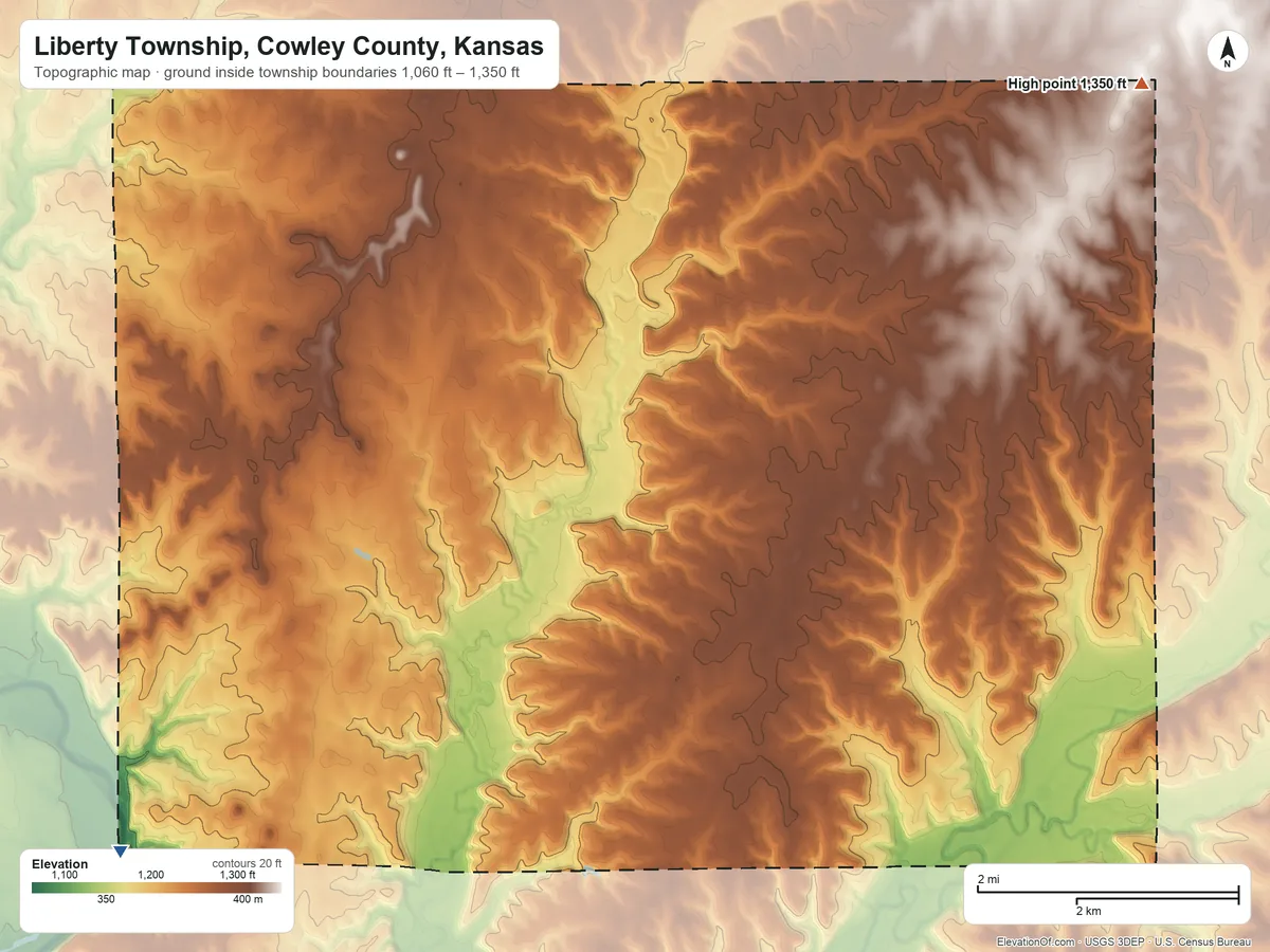 Topographic elevation map of Liberty Township, Cowley County, Kansas, shaded from 1,060 ft on the southwest side to 1,350 ft on the northeast side