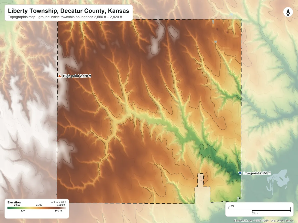 Topographic elevation map of Liberty Township, Decatur County, Kansas, shaded from 2,550 ft on the southeast side to 2,820 ft on the west side