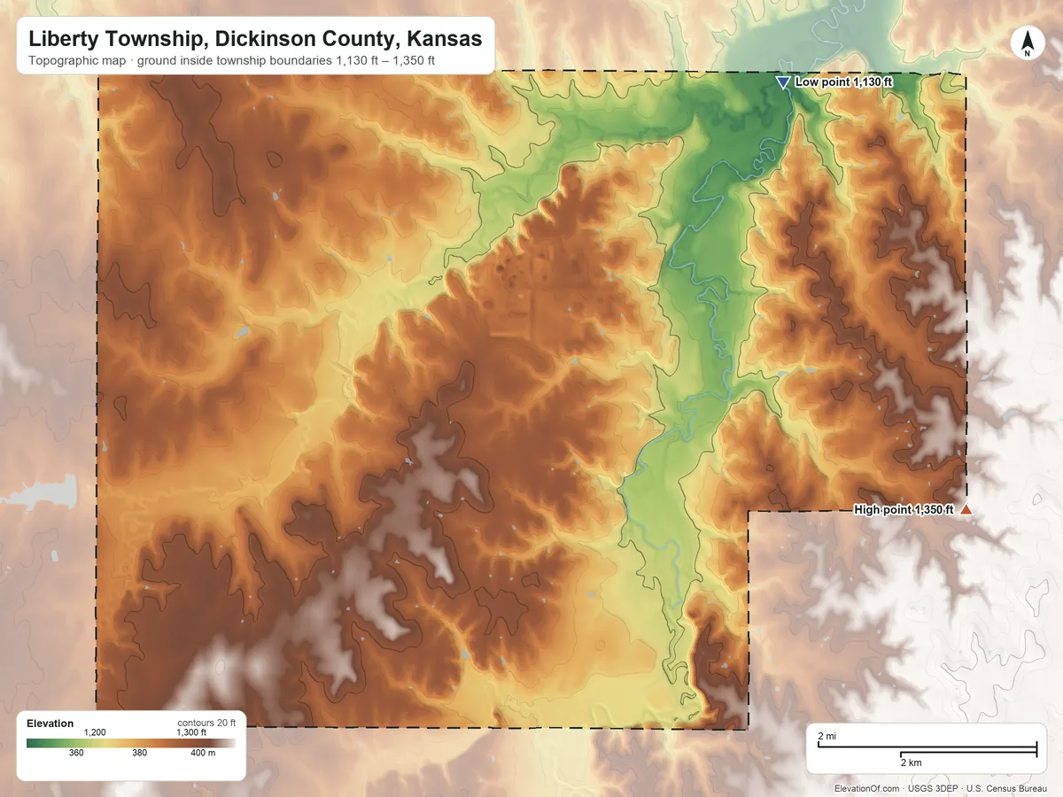 Topographic elevation map of Liberty Township, Dickinson County, Kansas, shaded from 1,130 ft on the northeast side to 1,350 ft on the east side