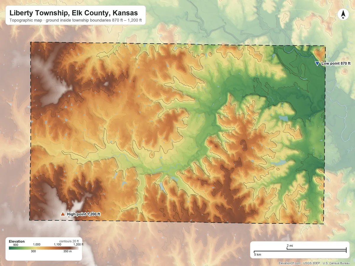 Topographic elevation map of Liberty Township, Elk County, Kansas, shaded from 870 ft on the northeast side to 1,200 ft on the southwest side